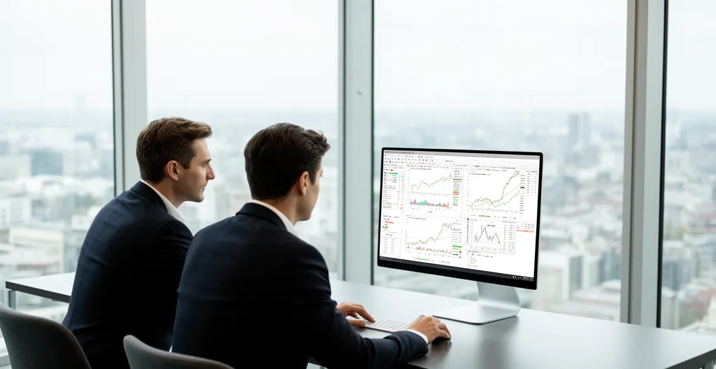 Deux personnes en discussion autour d'un bureau avec écran affichant des graphiques