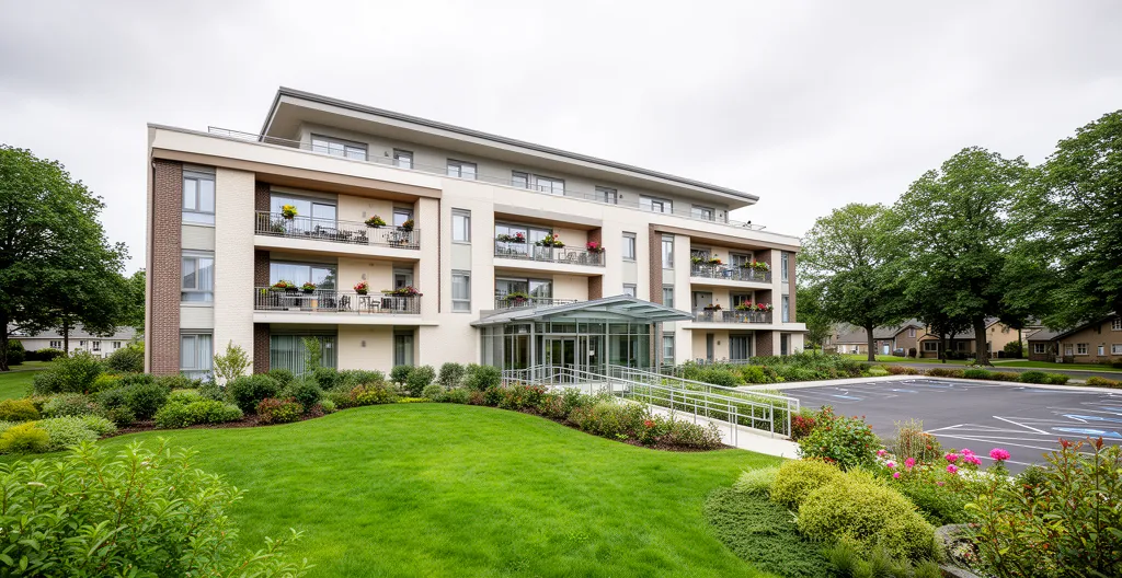 Vue extérieure d'un bâtiment de résidence seniors avec jardin paysager et entrée visible