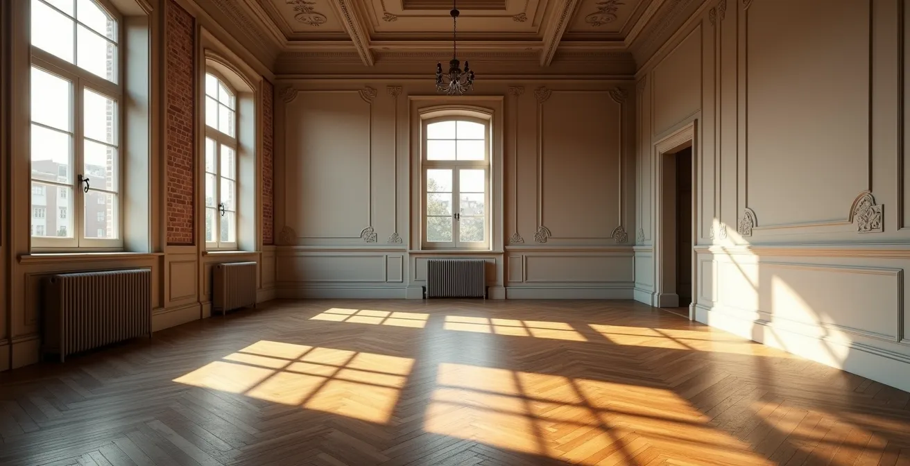 Vue grand angle d'un appartement vide avec architecture d'époque et lumière naturelle traversante