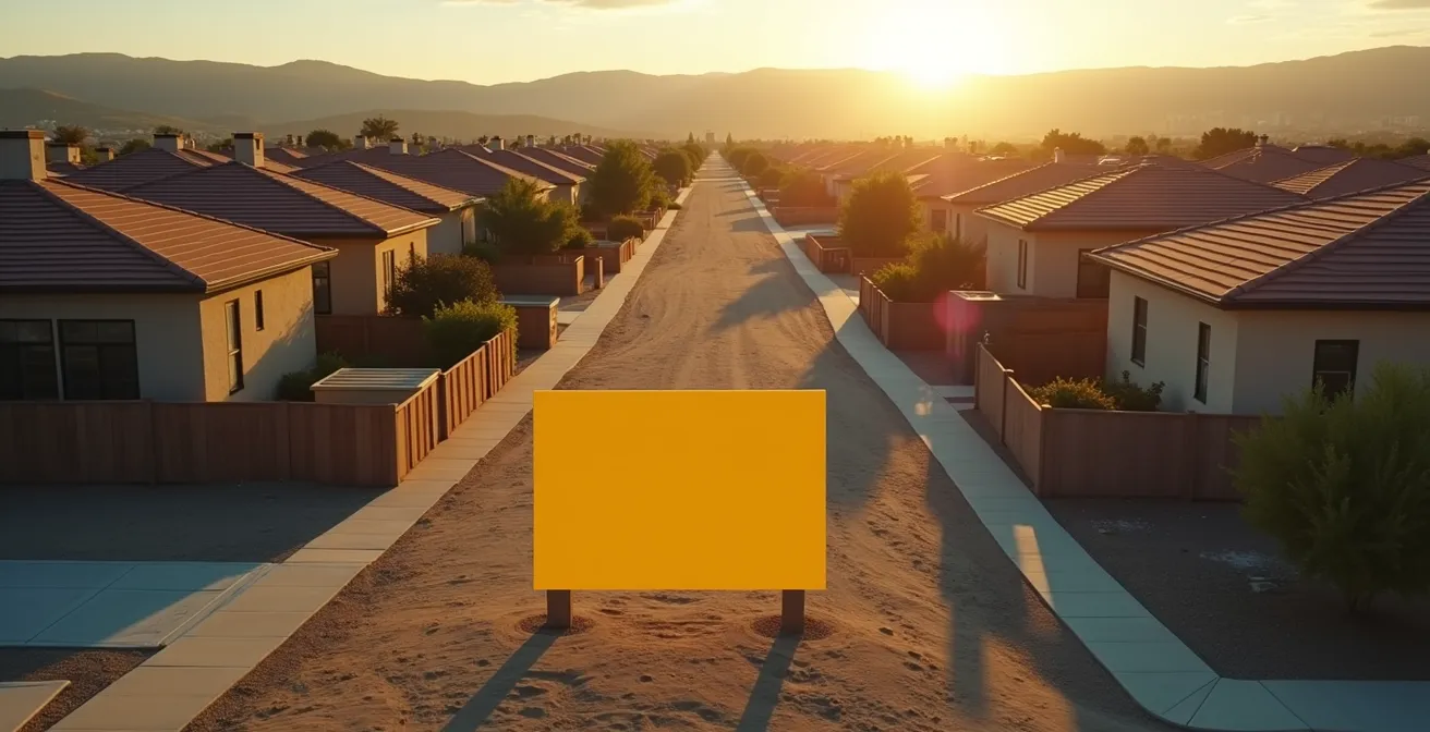 Vue aérienne d'un quartier résidentiel avec panneau de permis de construire