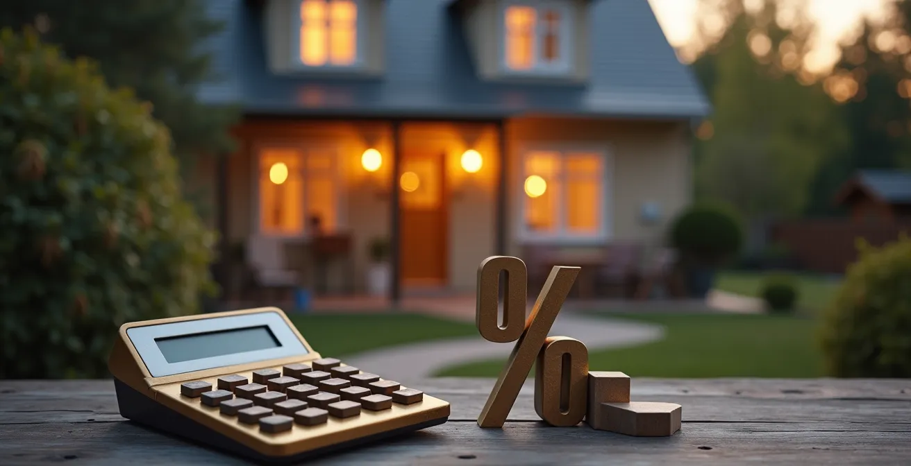 Maison familiale avec calculatrice vintage et symboles mathématiques flottants représentant la décote de 30%