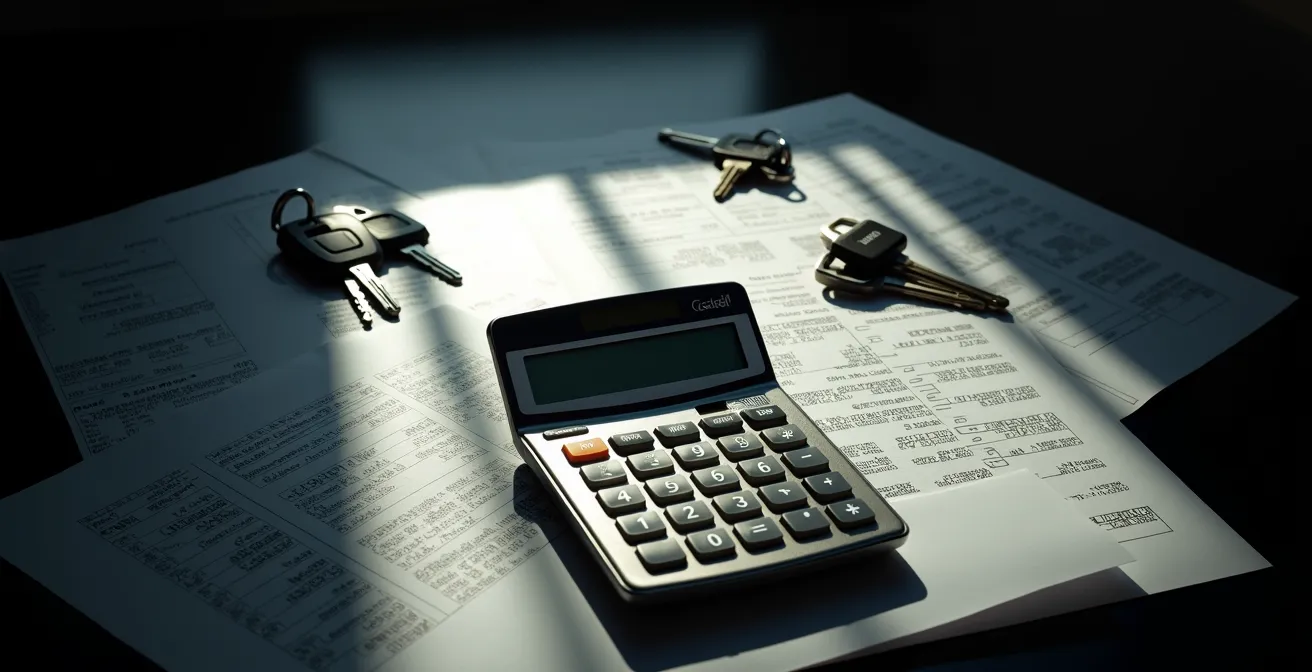 Calculatrice et documents financiers montrant l'impact du solde d'un crédit sur la capacité d'emprunt