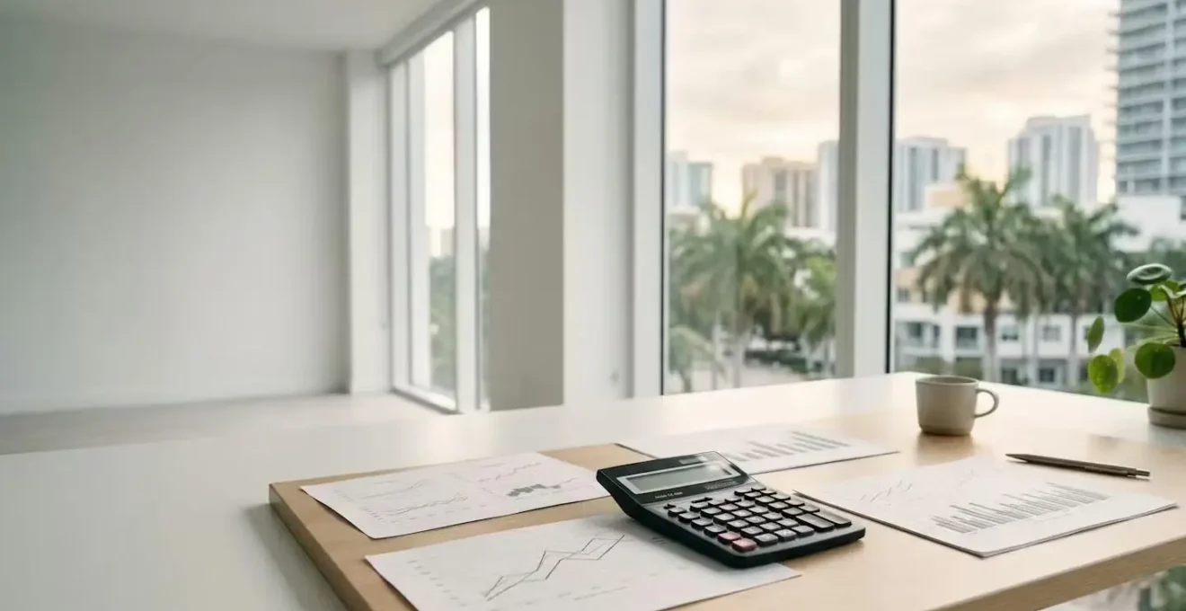 Espace de travail minimaliste avec calculatrice financière et graphiques économiques