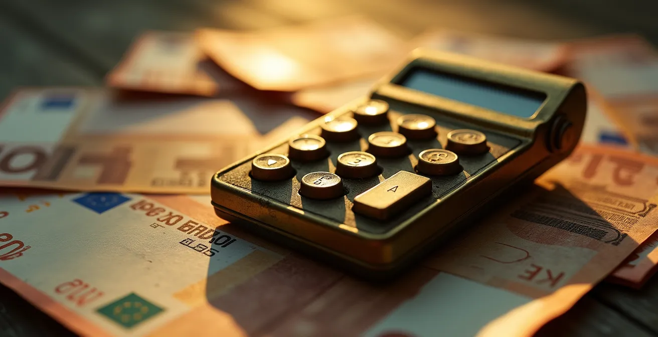 Calculatrice vintage avec billets euros et contrat de prêt flou en arrière-plan