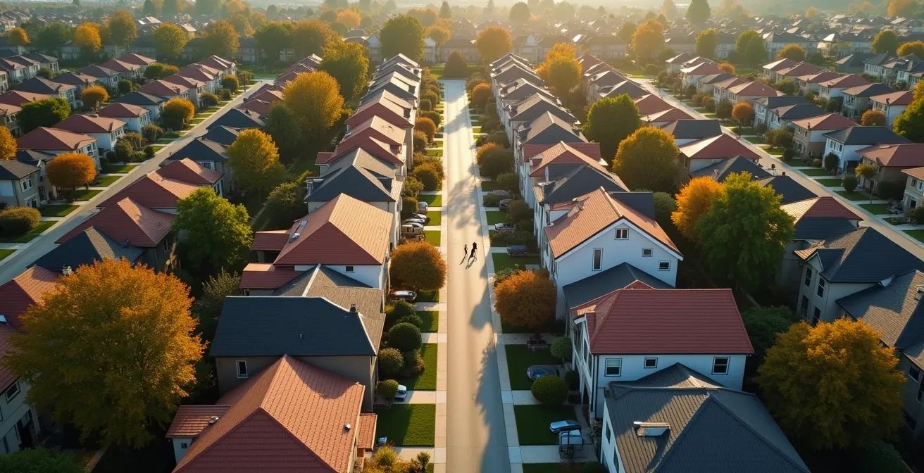 Vue aérienne d'un quartier résidentiel montrant les saisons et l'activité immobilière