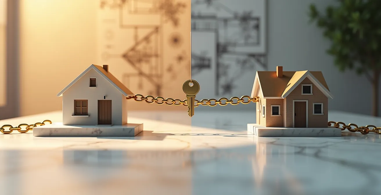 Deux maisons reliées symboliquement dans une transaction immobilière