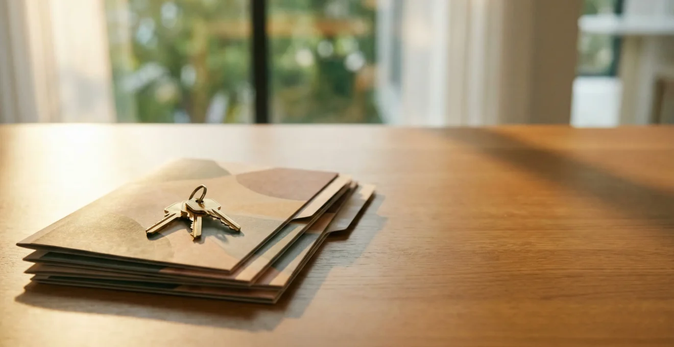 Clés de maison posées sur des dossiers financiers dans une lumière dorée évoquant la sérénité de la retraite