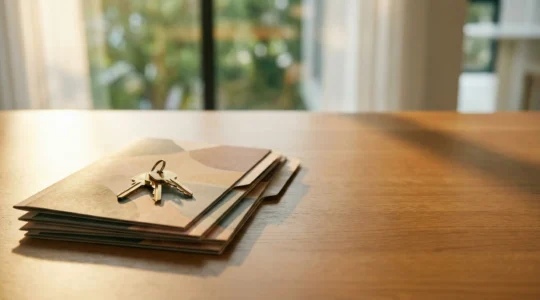 Clés de maison posées sur des dossiers financiers dans une lumière dorée évoquant la sérénité de la retraite