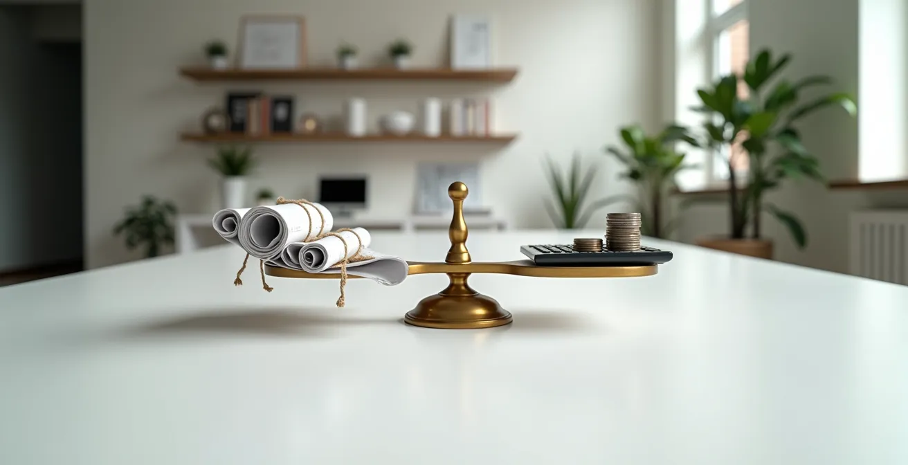 Balance équilibrée avec des documents de travaux d'un côté et une calculatrice de l'autre