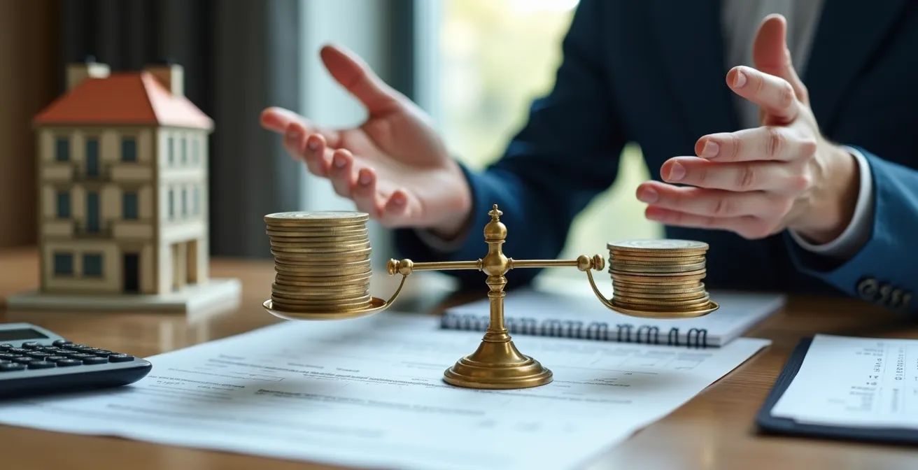 Balance symbolique équilibrant documents fiscaux et plans de rénovation immobilière