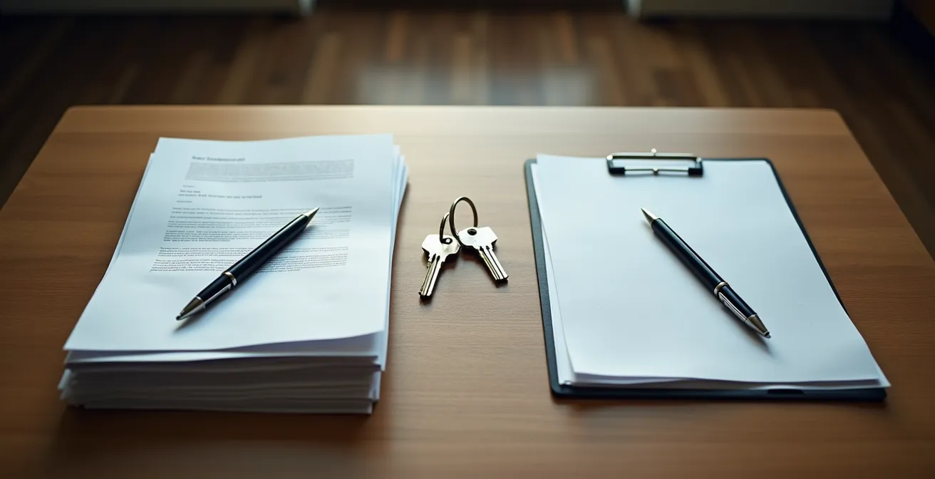 Documents de vente immobilière sur une table avec deux stylos posés séparément