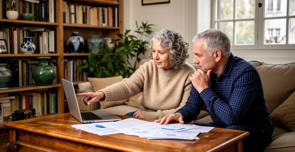Couple quinquagénaire analysant leurs investissements SCPI européenne sur ordinateur