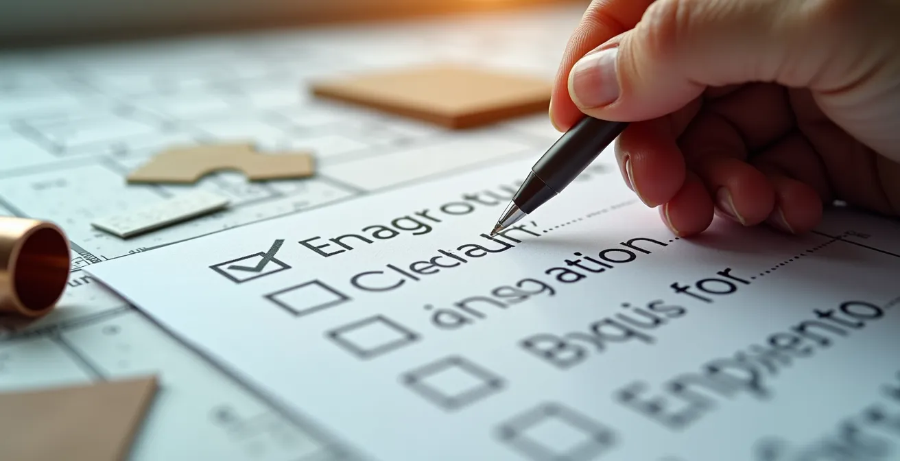 Main cochant une checklist de diagnostic immobilier avec échantillons de matériaux