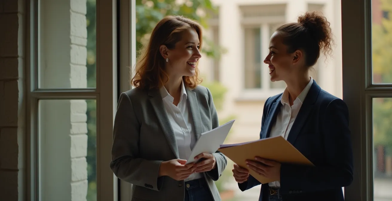 Acheteur potentiel discutant avec un voisin devant l'entrée d'un immeuble lors d'une contre-visite