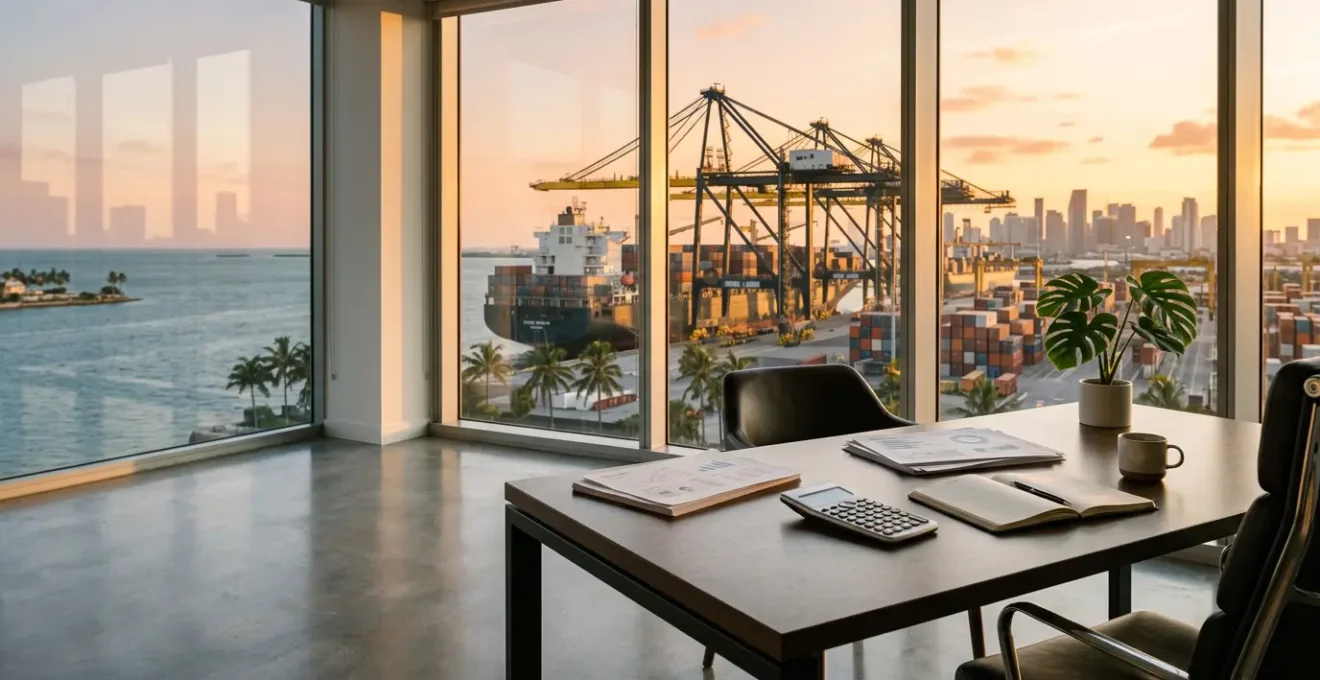 Bureau d'expert fiscal avec vue sur port tropical, documents financiers et calculatrice sous lumière naturelle