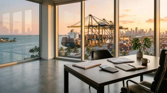 Bureau d'expert fiscal avec vue sur port tropical, documents financiers et calculatrice sous lumière naturelle