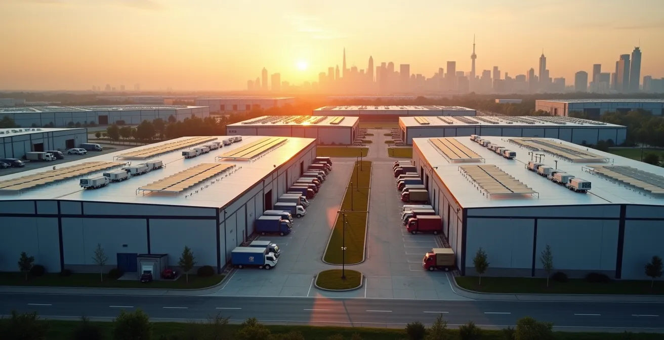 Vue aérienne d'un parc d'activités logistiques moderne en périphérie urbaine avec camions et entrepôts