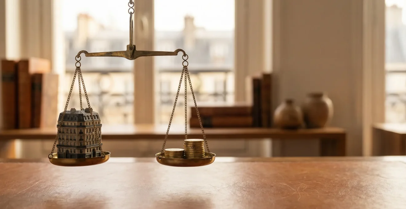 Balance symbolisant l'équilibre entre imposition et investissement immobilier avec des éléments architecturaux français