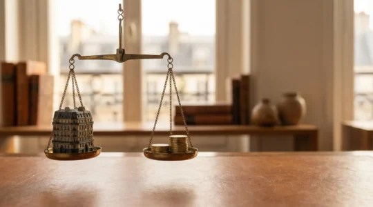 Balance symbolisant l'équilibre entre imposition et investissement immobilier avec des éléments architecturaux français
