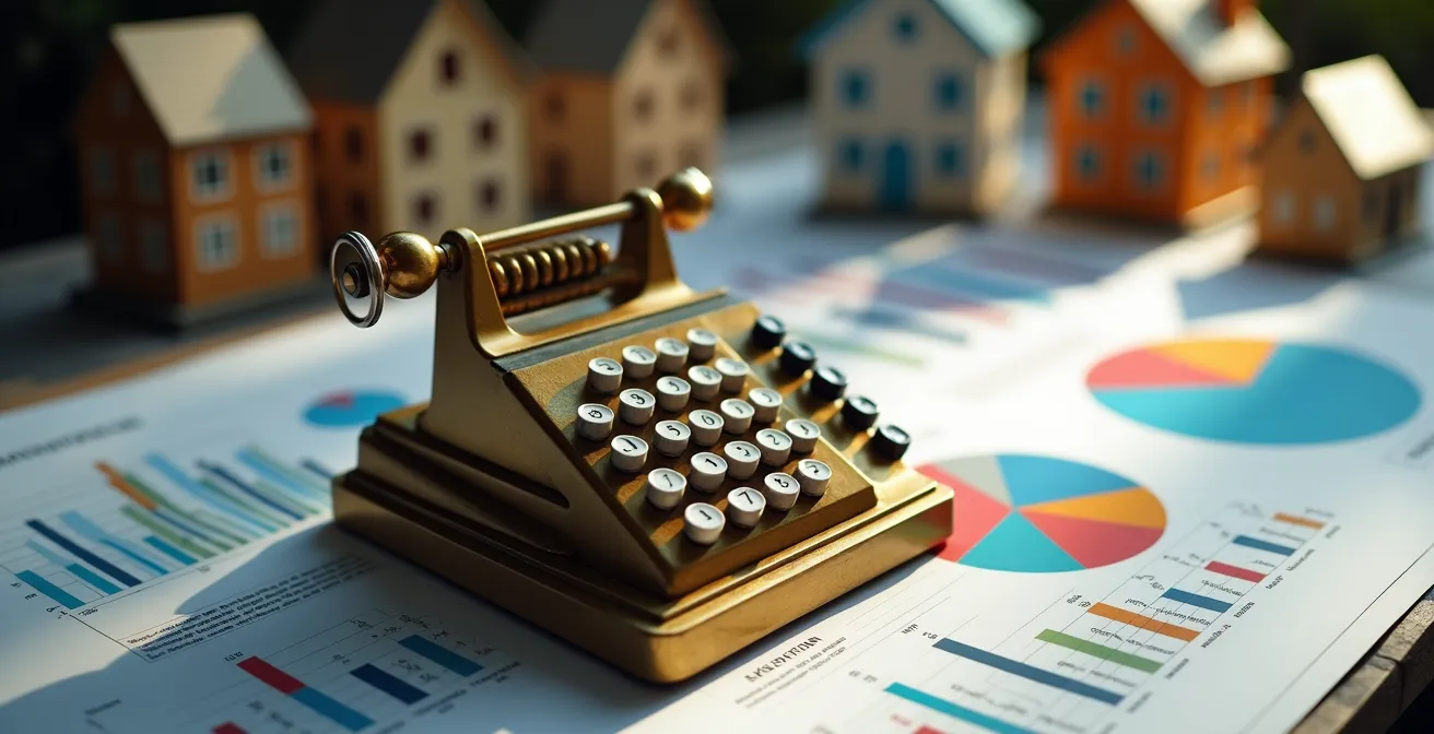 Bureau avec calculatrice vintage, graphiques financiers et documents comptables flous