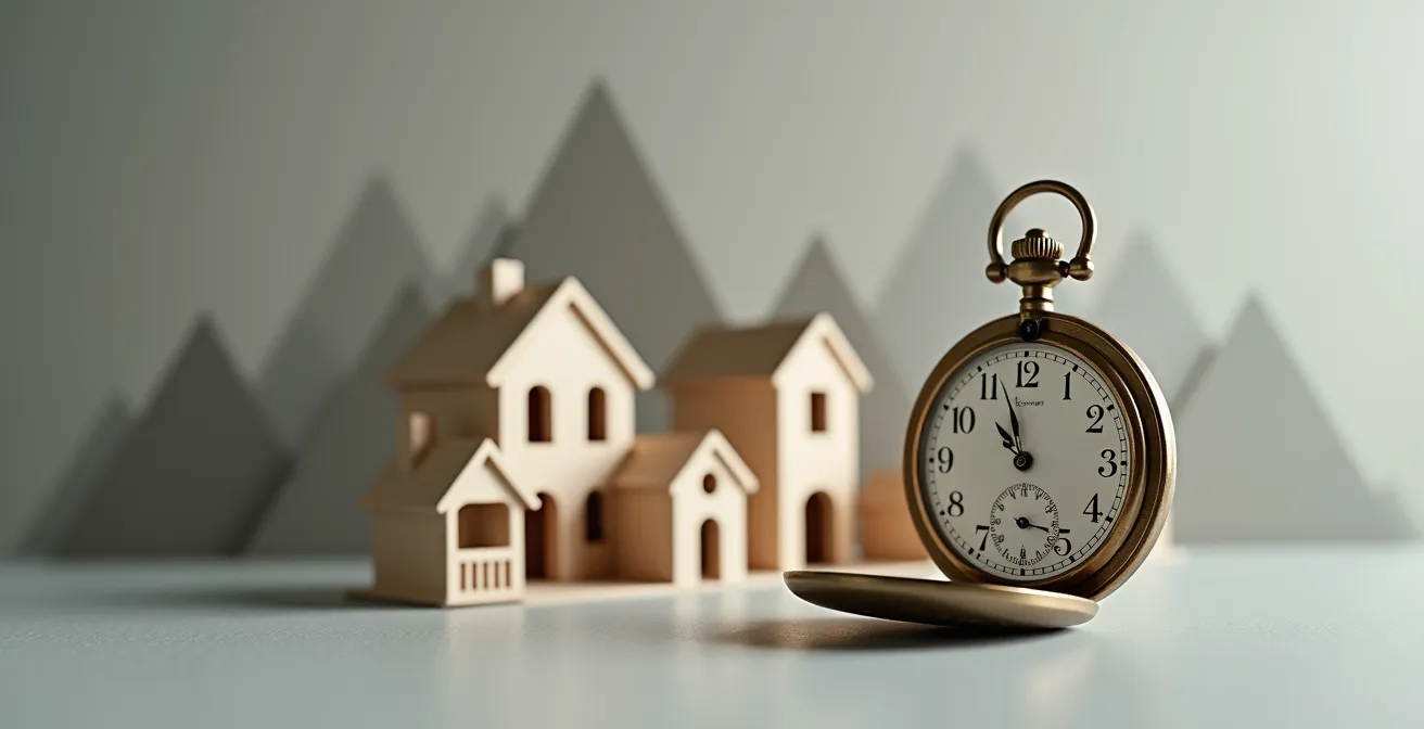 Horloge ancienne avec courbe de croissance immobilière en arrière-plan et maisons miniatures à différentes époques