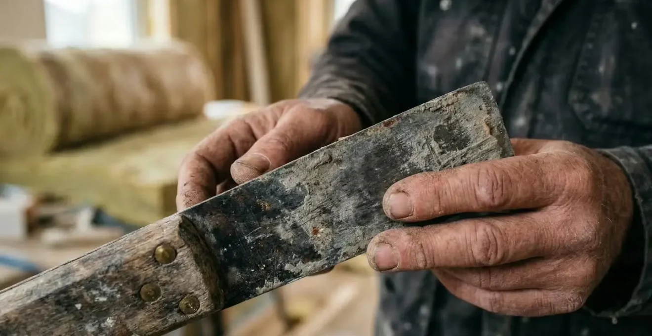 Gros plan sur les mains d'un artisan tenant des outils de rénovation avec des matériaux d'isolation thermique en arrière-plan flou.