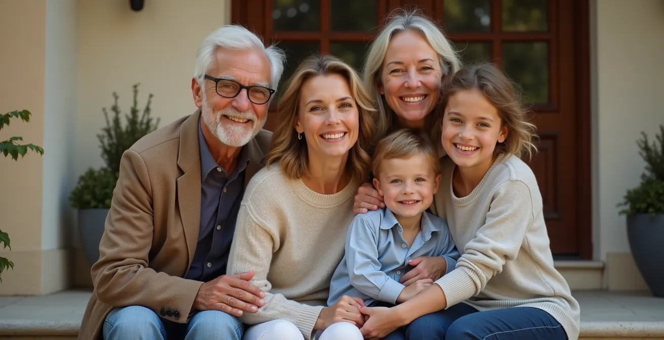 Portrait de famille multigénérationnelle devant une maison familiale représentant la transmission du patrimoine