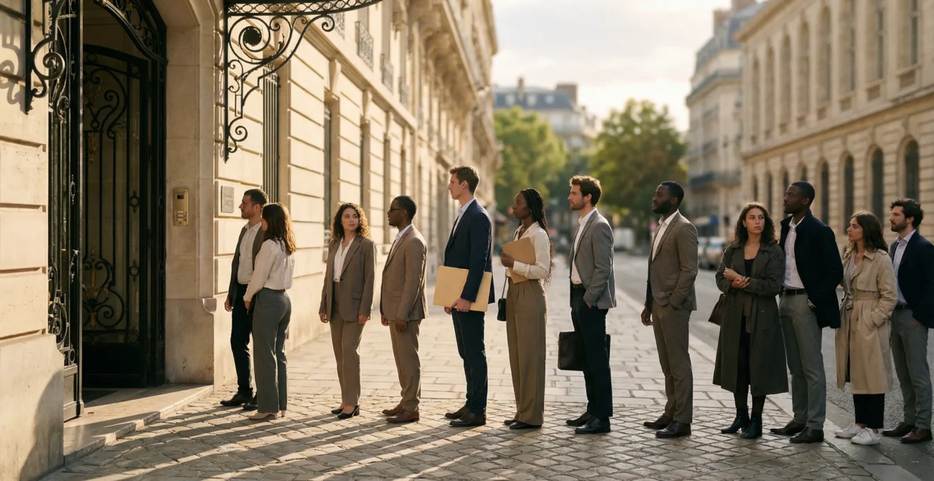 File d'attente de candidats locataires devant un immeuble parisien en pierre de taille, symbolisant la tension du marché locatif