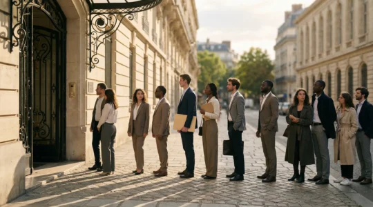 File d'attente de candidats locataires devant un immeuble parisien en pierre de taille, symbolisant la tension du marché locatif