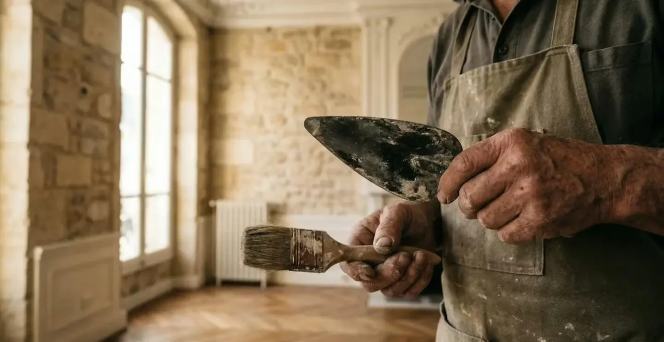 Façade d'immeuble haussmannien en rénovation avec outils de chantier symbolisant l'investissement dans l'ancien