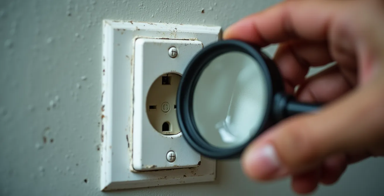 Gros plan sur inspection détaillée des installations électriques et fenêtres lors d'une visite virtuelle