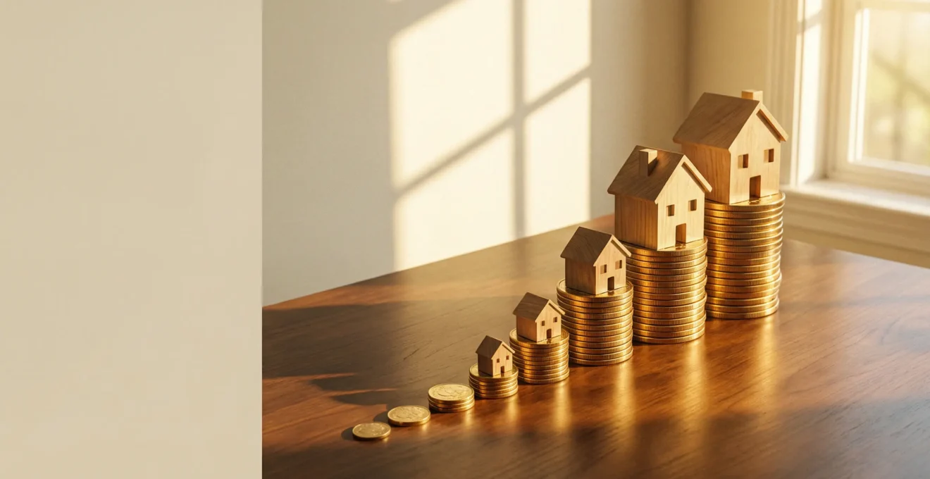 Représentation visuelle de la croissance exponentielle d'un patrimoine immobilier grâce aux intérêts composés sur le long terme