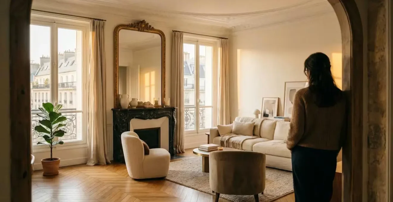 Salon d'une maison haussmannienne rénovée avec parquet ancien et cheminée en marbre