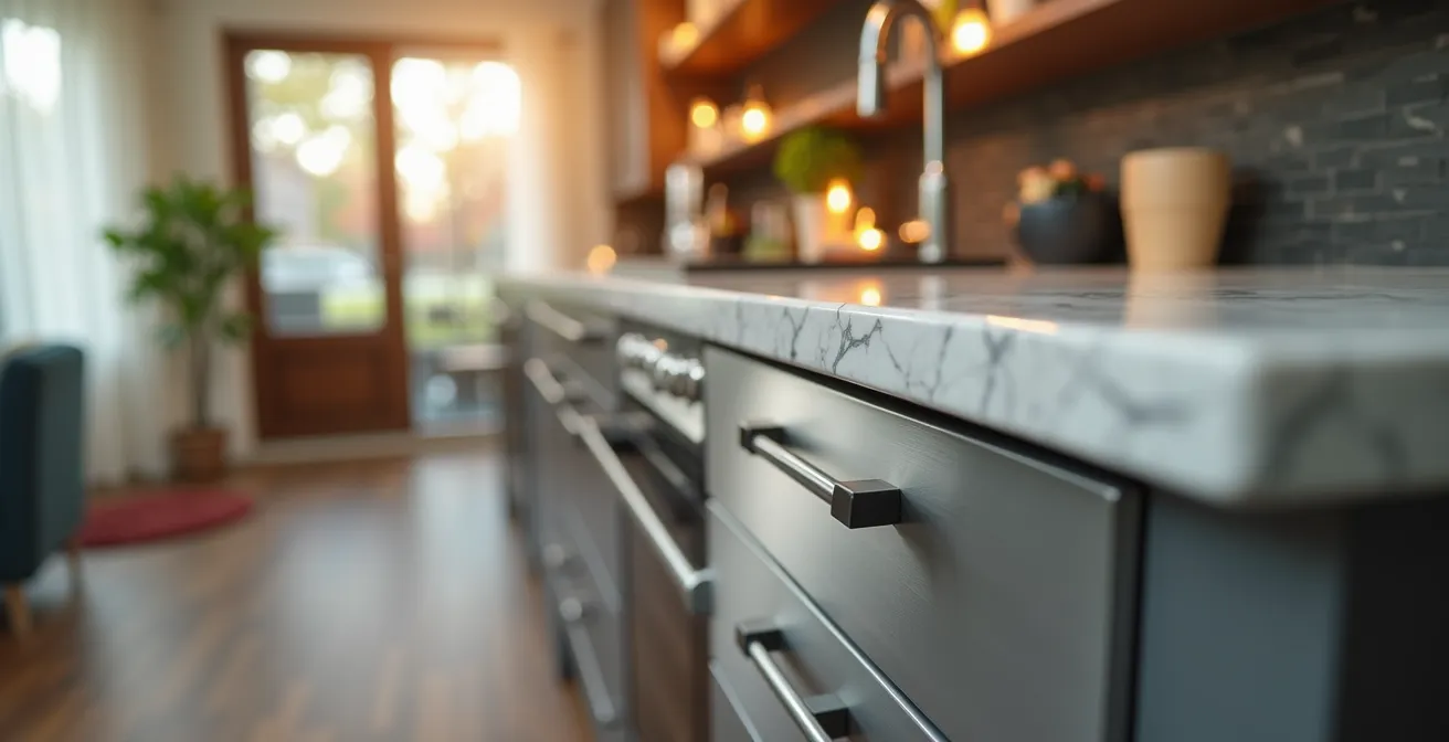 Cuisine moderne équipée avec électroménager intégré vue en perspective