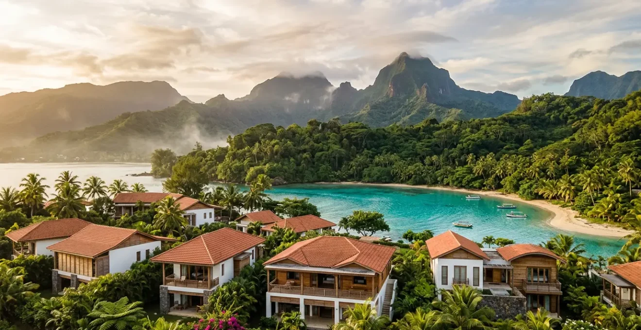 Vue panoramique d'un complexe immobilier moderne intégré dans le paysage tropical de La Réunion avec l'océan et les montagnes en arrière-plan
