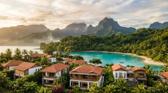 Vue panoramique d'un complexe immobilier moderne intégré dans le paysage tropical de La Réunion avec l'océan et les montagnes en arrière-plan