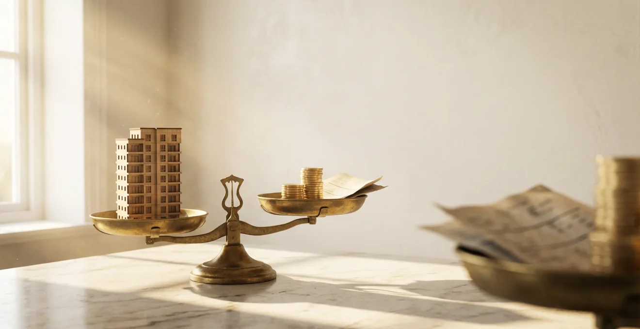 Une balance dorée symbolisant l'équilibre fiscal entre avantages et contraintes de l'investissement immobilier Pinel
