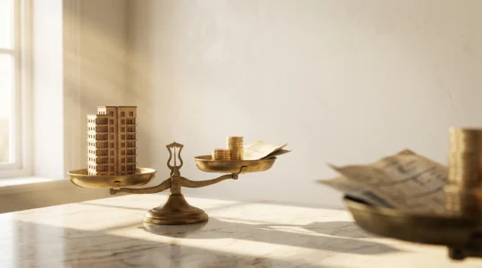 Une balance dorée symbolisant l'équilibre fiscal entre avantages et contraintes de l'investissement immobilier Pinel