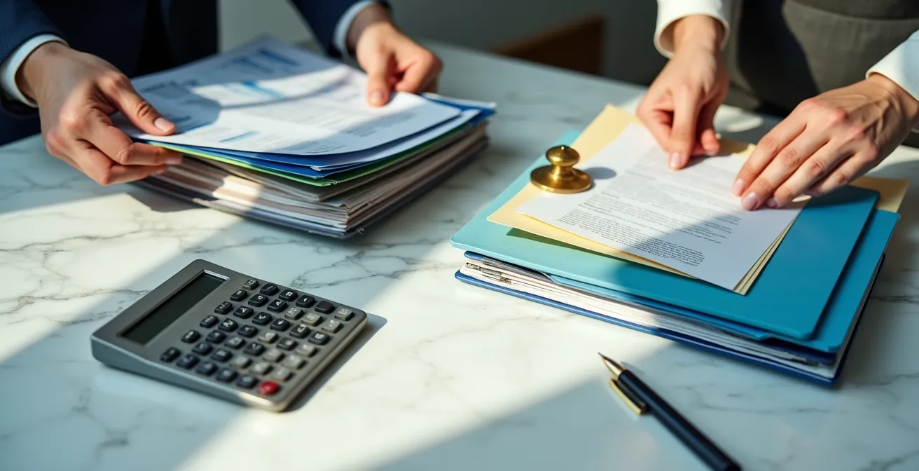 Propriétaire triant méthodiquement ses factures de travaux pour optimiser sa déclaration fiscale