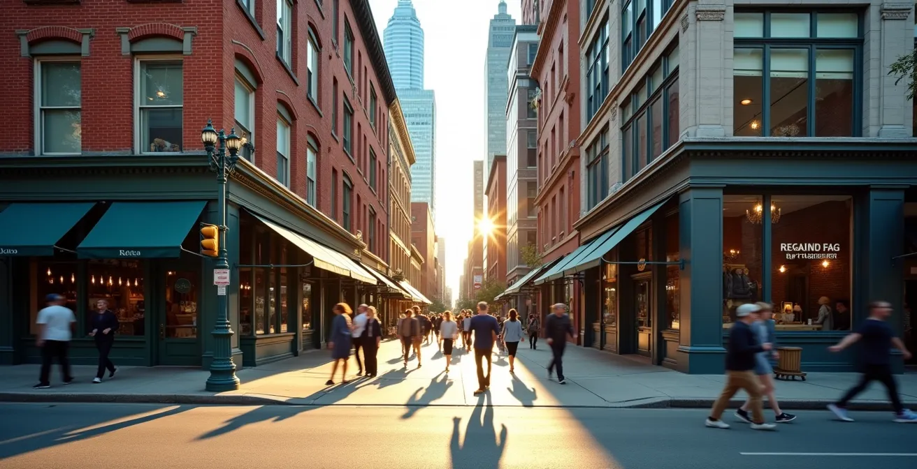 Vue aérienne d'un quartier en mutation avec anciens et nouveaux commerces