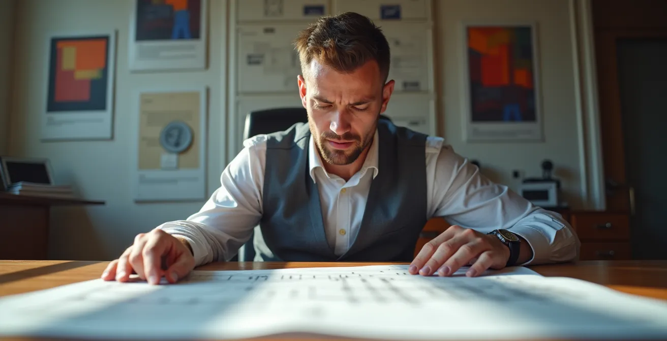 Architecte examinant des plans de régularisation avec tampons officiels floutés