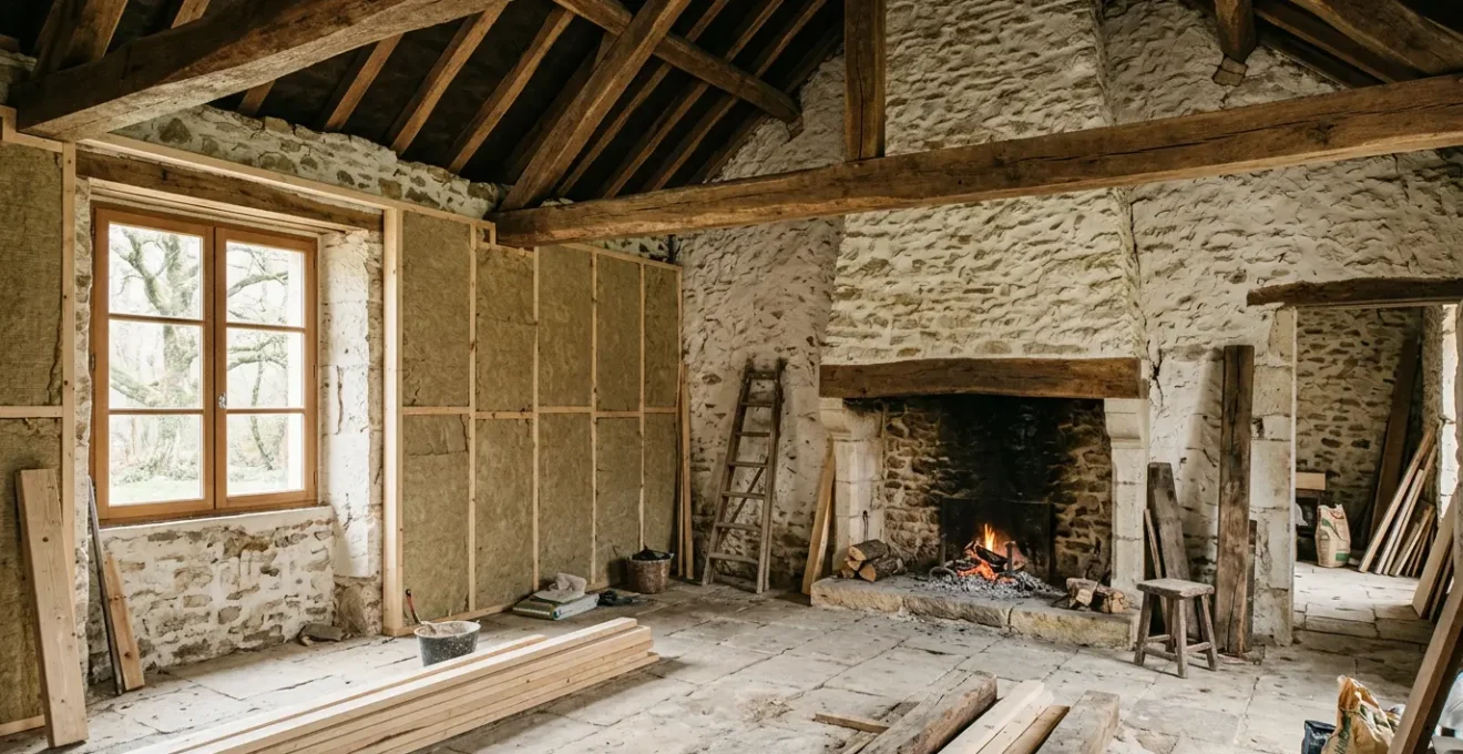 Intérieur d'une maison ancienne avec cheminée en pierre et poutres apparentes durant des travaux de rénovation