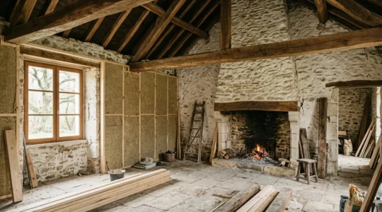 Intérieur d'une maison ancienne avec cheminée en pierre et poutres apparentes durant des travaux de rénovation