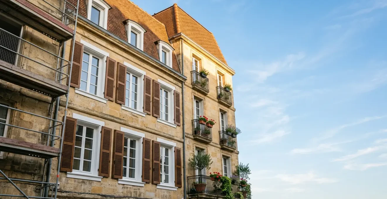 Vue en contre-plongée d'une façade d'immeuble ancien en cours de rénovation dans un centre-ville français, avec échafaudages et ciel bleu.
