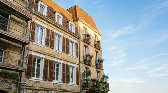 Vue en contre-plongée d'une façade d'immeuble ancien en cours de rénovation dans un centre-ville français, avec échafaudages et ciel bleu.