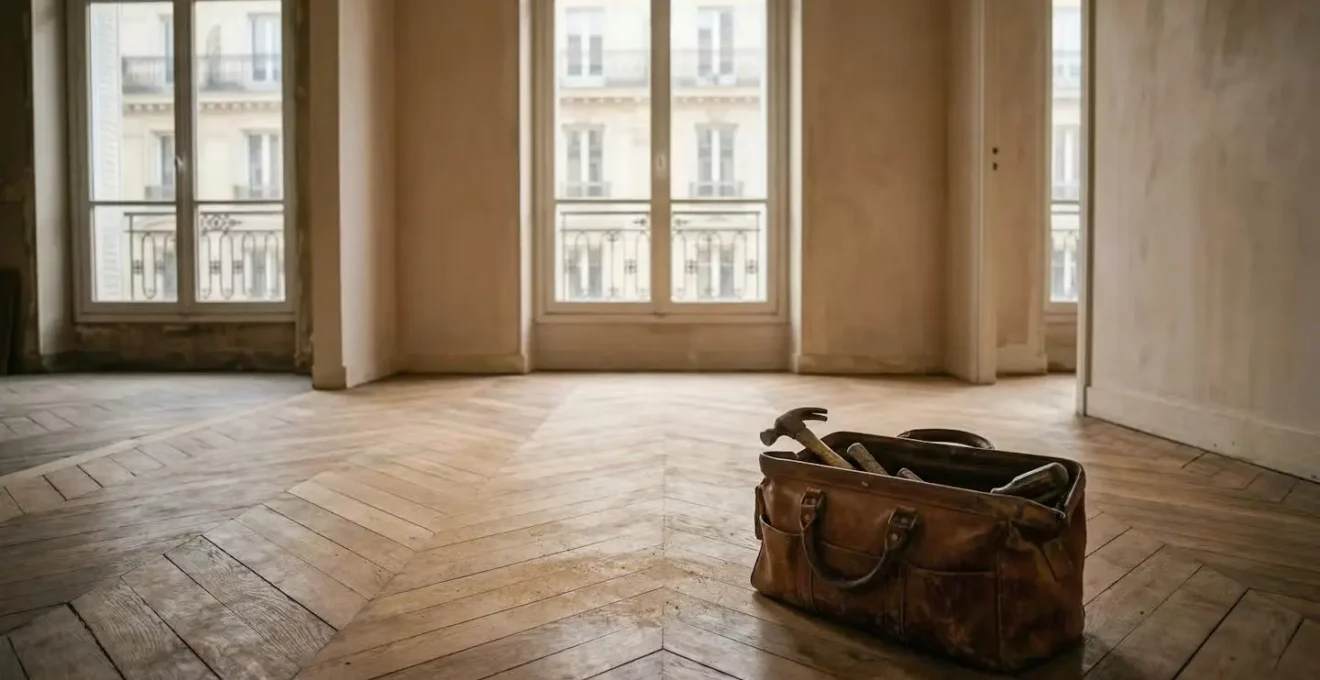 Outils de rénovation sur un parquet ancien symbolisant les travaux de défiscalisation immobilière