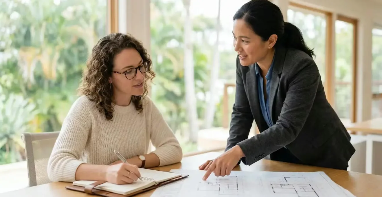 Réunion professionnelle entre un gestionnaire immobilier local et des documents de gestion dans un bureau lumineux avec vue sur le paysage tropical