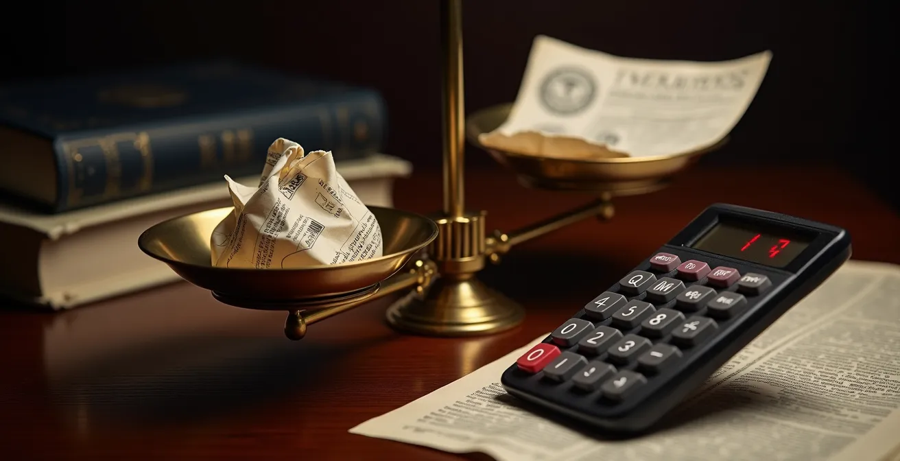 Balance de justice déséquilibrée avec documents officiels et calculatrice montrant des chiffres rouges