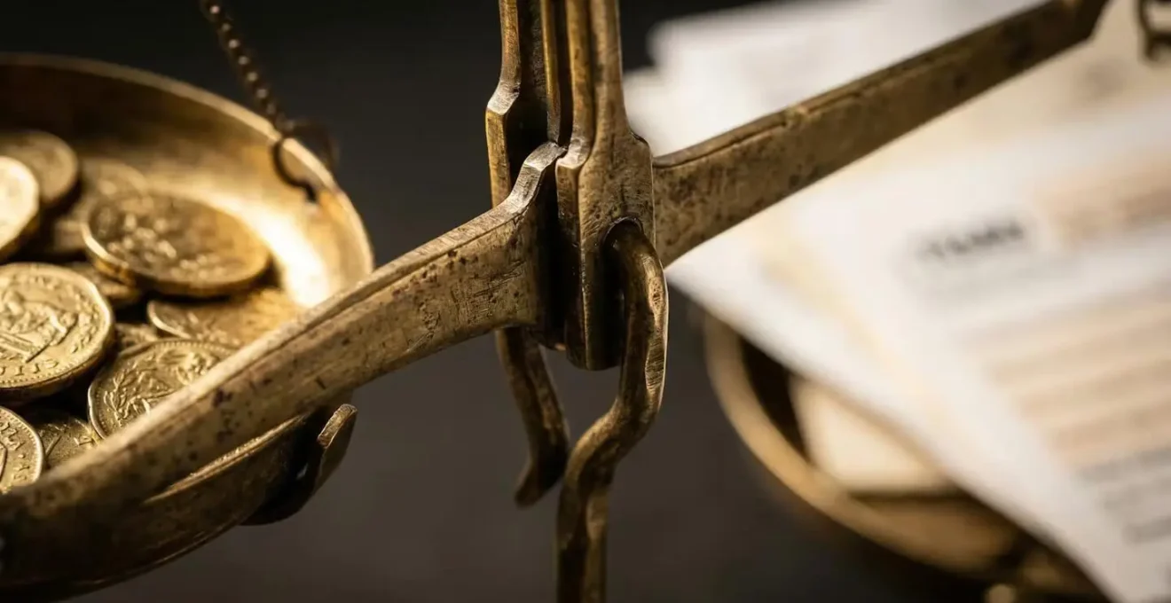 Macro détaillée d'une balance ancienne avec pièces et documents fiscaux flous