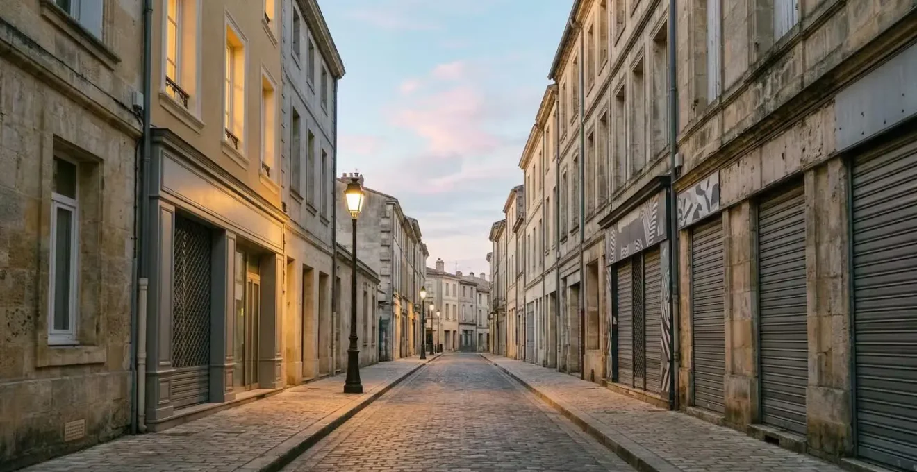 Rue de centre-ville français avec façades anciennes, certains commerces fermés visibles par leurs devantures vides, lumière naturelle de fin de journée.